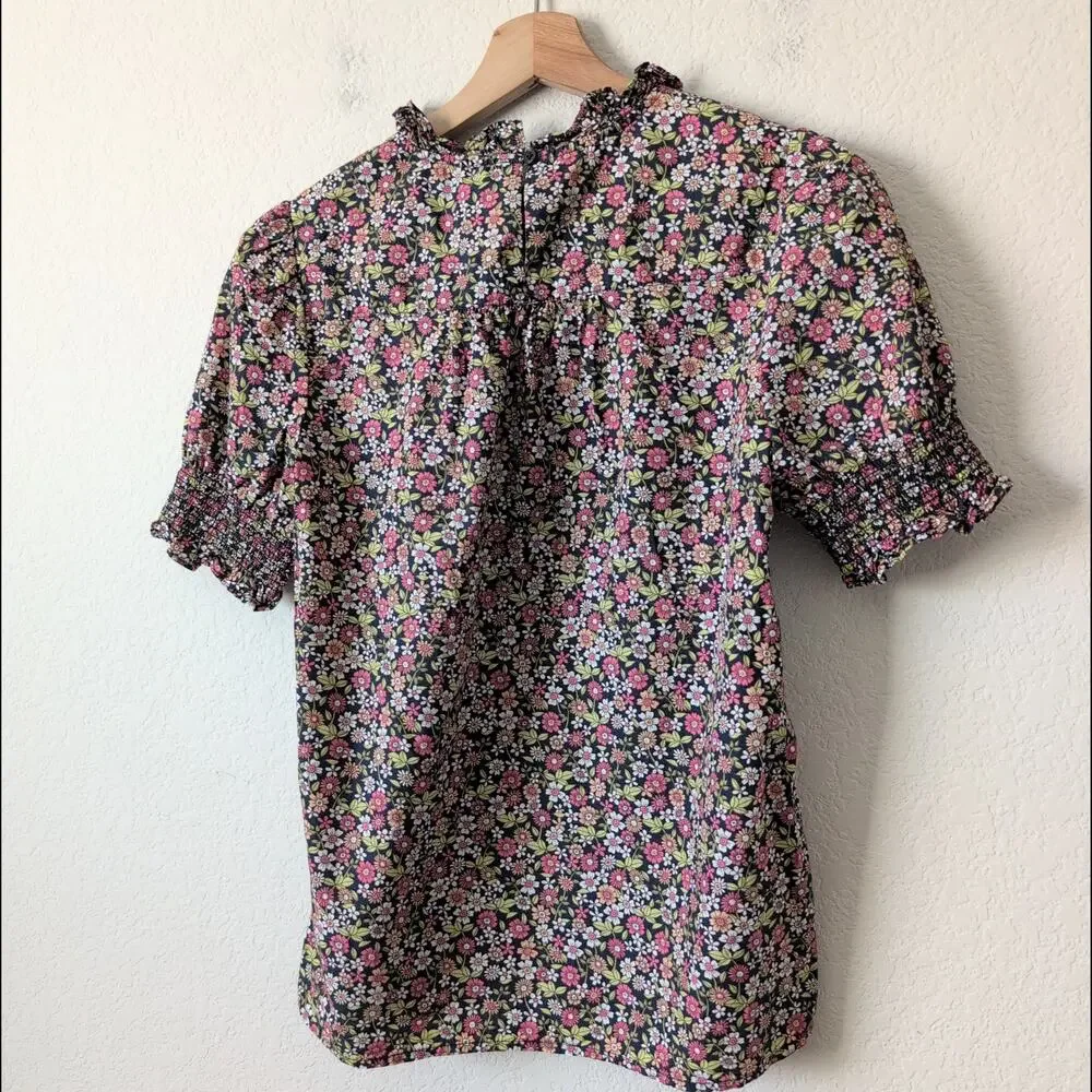 J.Crew Blouse XXS 2XS Floral Ruffle‎ Neck Smocked Puff Sleeve Cotton Poplin